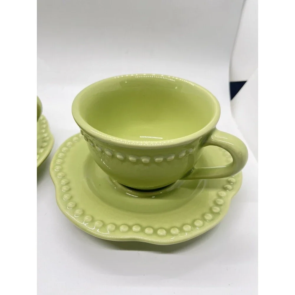 SET OF 2 POTTERY BARN EMMA GREEN BEADED CUP & SAUCER SETS PORTUGAL